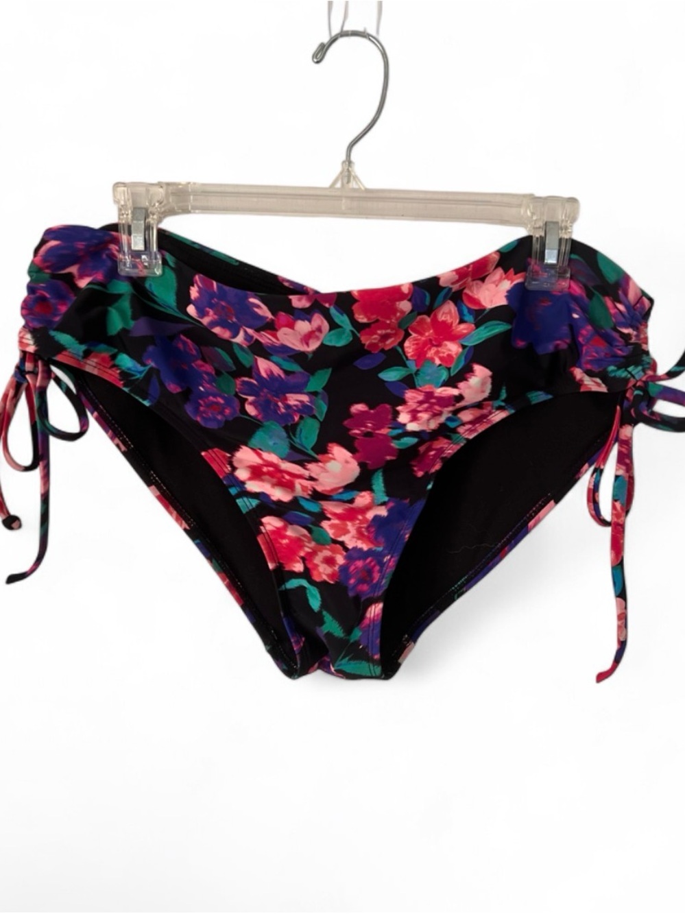 Time and Tru Black Floral Tie-Side Bikini Bottoms with Pink & Teal Accents